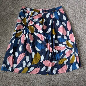 Boden Navy A-Line Midi Skirt with Pink, White, Blue & Mustard Print - Pockets!